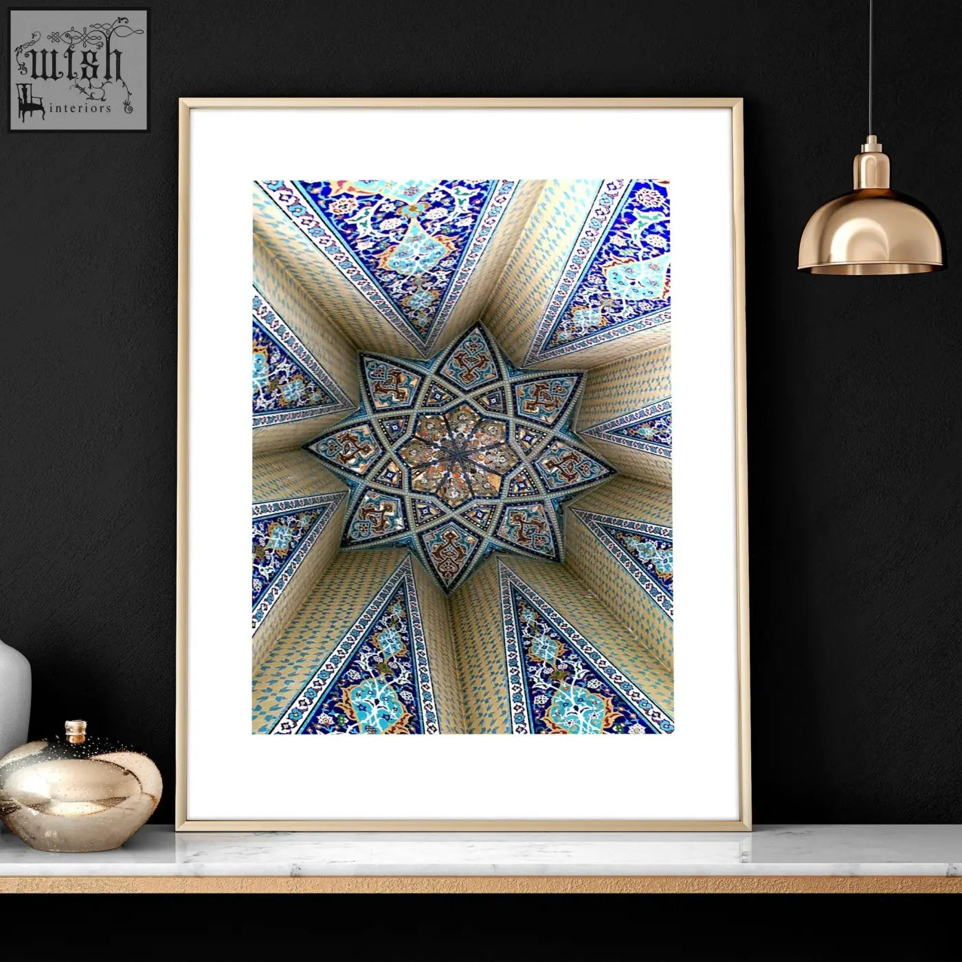 A framed art print with an intricate blue and gold islamic tile ceiling design for ramadan decoration ideas wall art prints