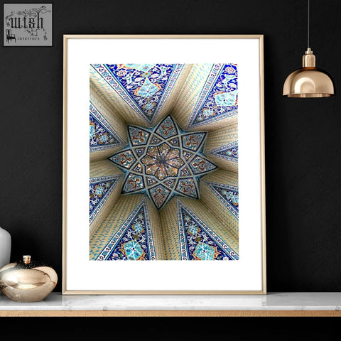 A framed art print with an intricate blue and gold islamic tile ceiling design for ramadan decoration ideas wall art prints