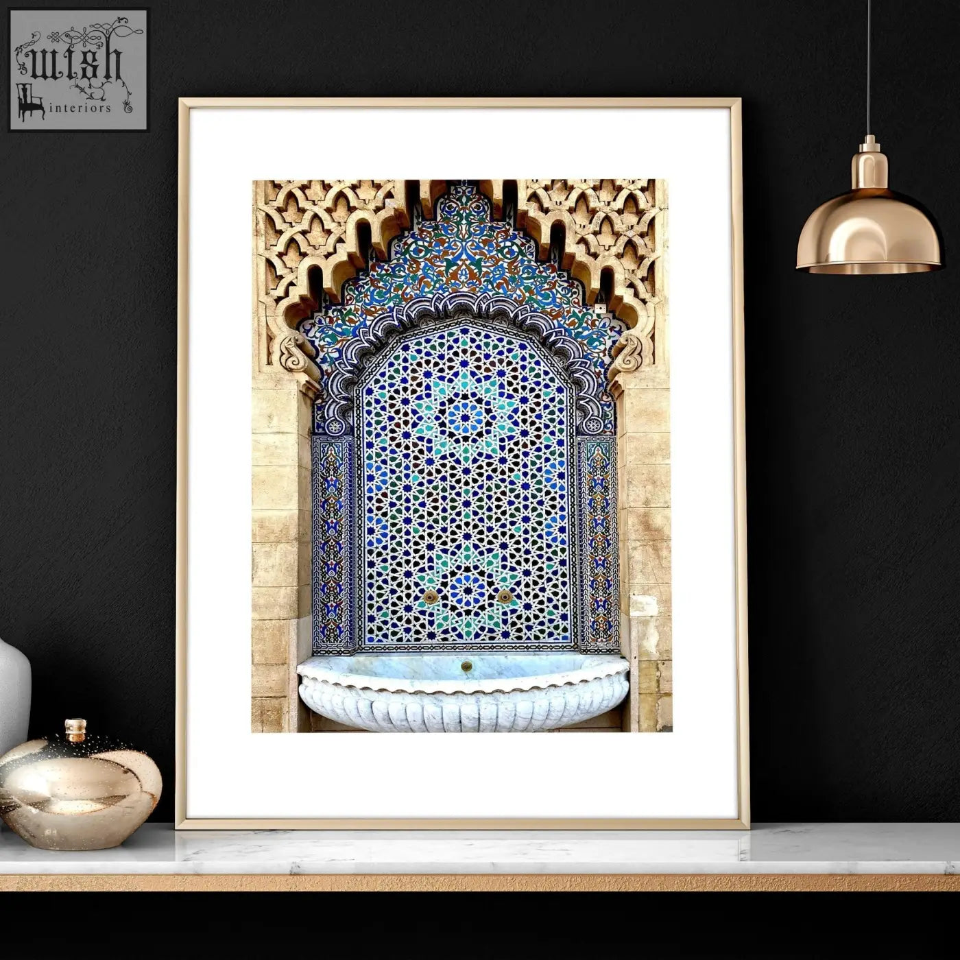 A framed wall art print featuring a blue and turquoise mosaic fountain for ramadan decoration ideas set of 3 art prints