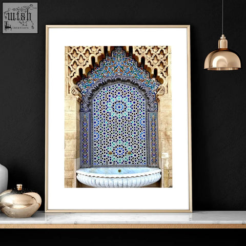 A framed wall art print featuring a blue and turquoise mosaic fountain for ramadan decoration ideas set of 3 art prints