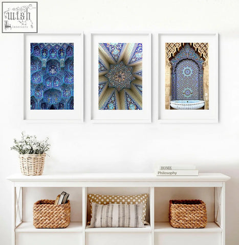 Three framed wall art prints with blue and gold intricate islamic designs perfect for ramadan decoration ideas