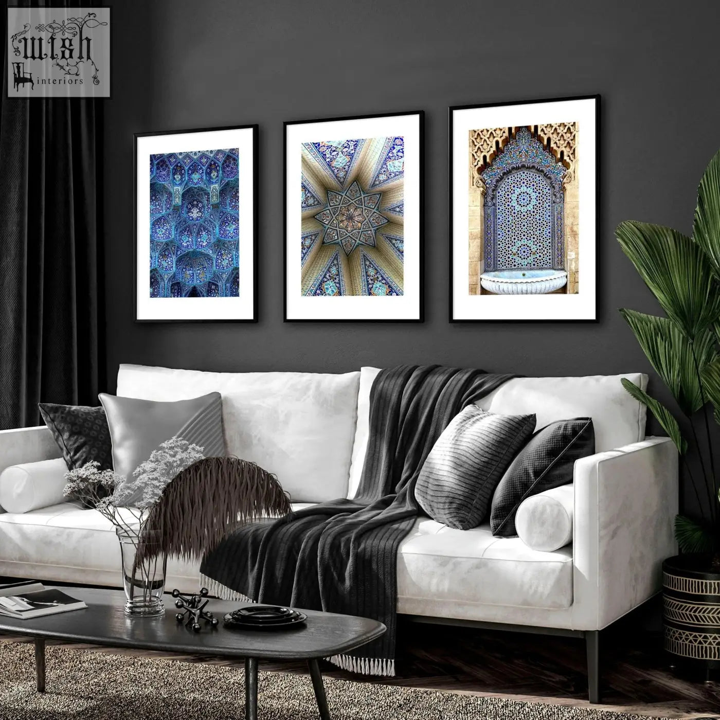 Three framed wall art prints in blue and gold Islamic designs above white sofa perfect for ramadan decoration ideas