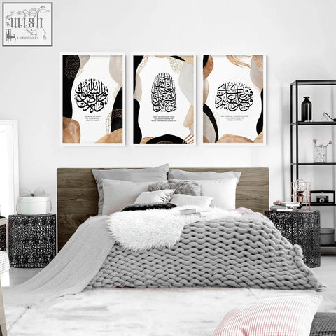 Three framed islamic calligraphy wall art prints with black script on white and beige for bedroom decoration