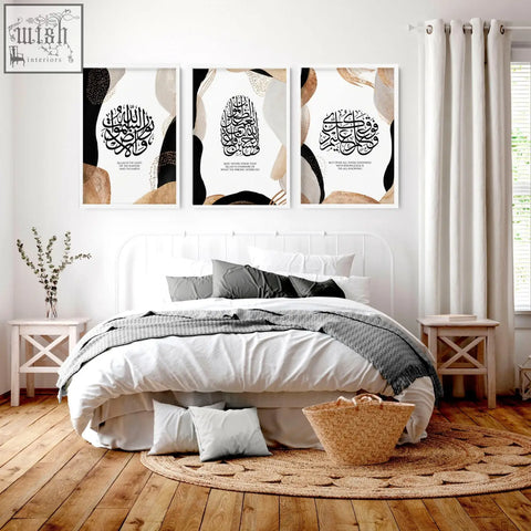 Set of 3 ramadan mubarak wall art prints with black islamic calligraphy on beige cream abstract backgrounds for bedroom