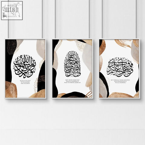 Three framed ramadan mubarak wall art prints with black islamic calligraphy and beige gold abstract patterns for bedroom