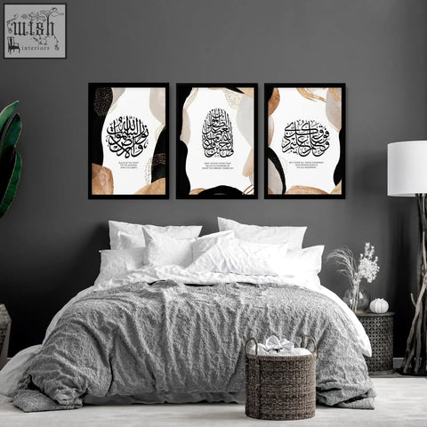 Ramadan mubarak wall art prints set of 3 black and white calligraphy with beige and gold accents for bedroom decor