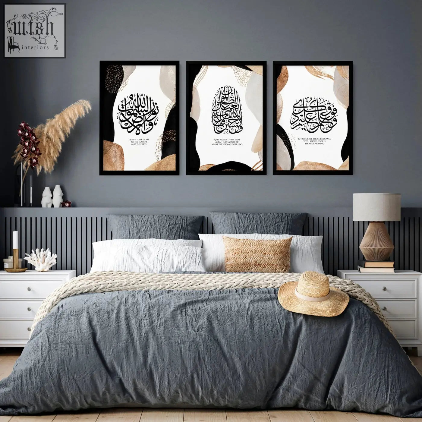 A straw sunhat with a beige band on a gray bedspread next to ramadan mubarak wall art prints for bedroom