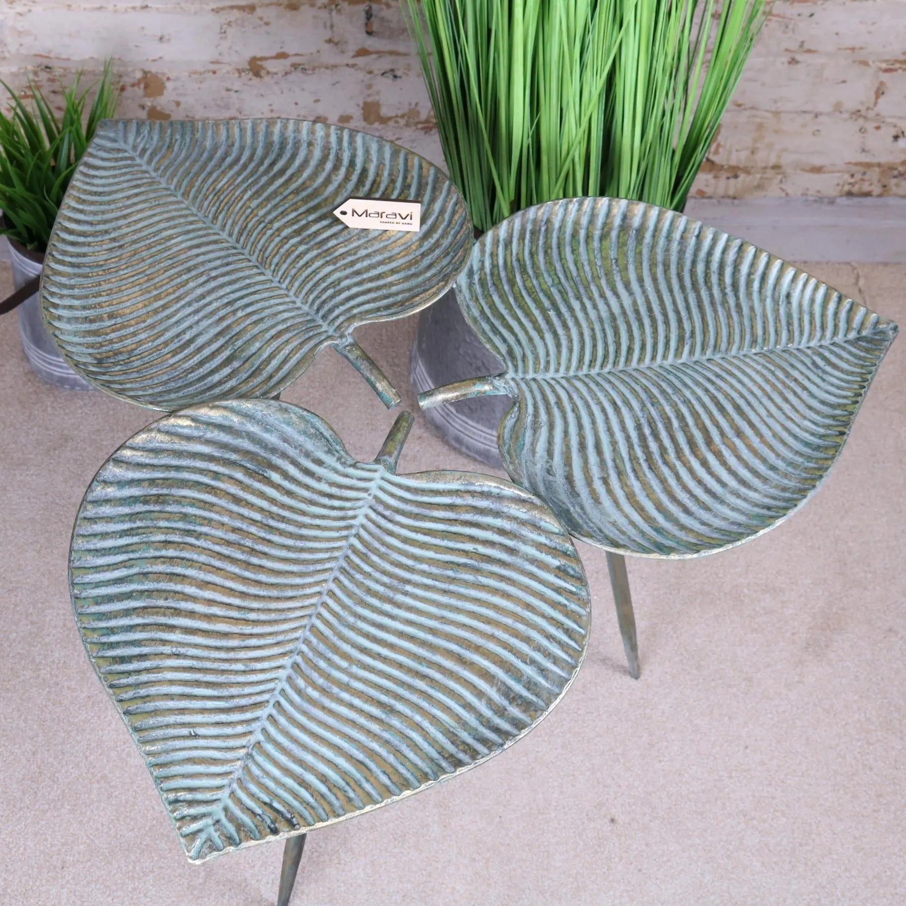 Ramai three leaf side table with three metal leaves, verdigris textured finish, and slender legs ideal for small spaces