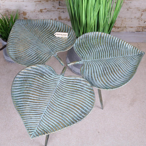 Ramai three leaf side table with three metal leaves, verdigris textured finish, and slender legs ideal for small spaces
