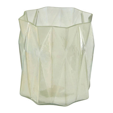 Small iridescent glass candle holder with clear geometrically faceted design and modern angular style