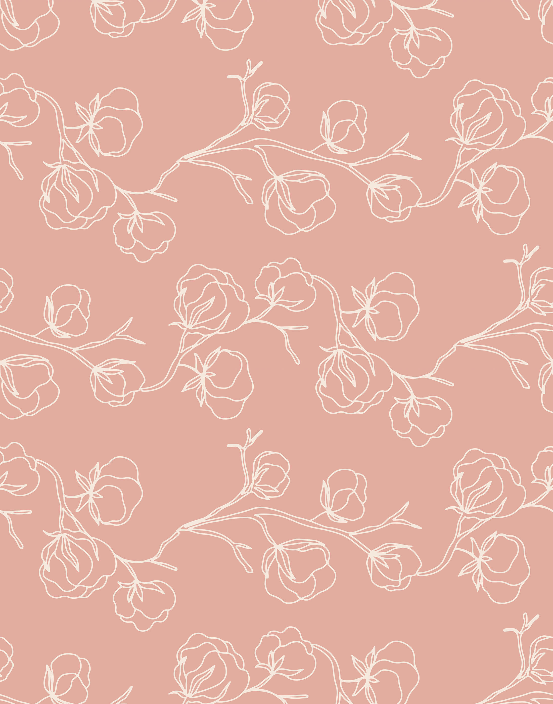 Pink cotton fabric with ramble floral wallpaper pattern of delicate white blossoms and branches