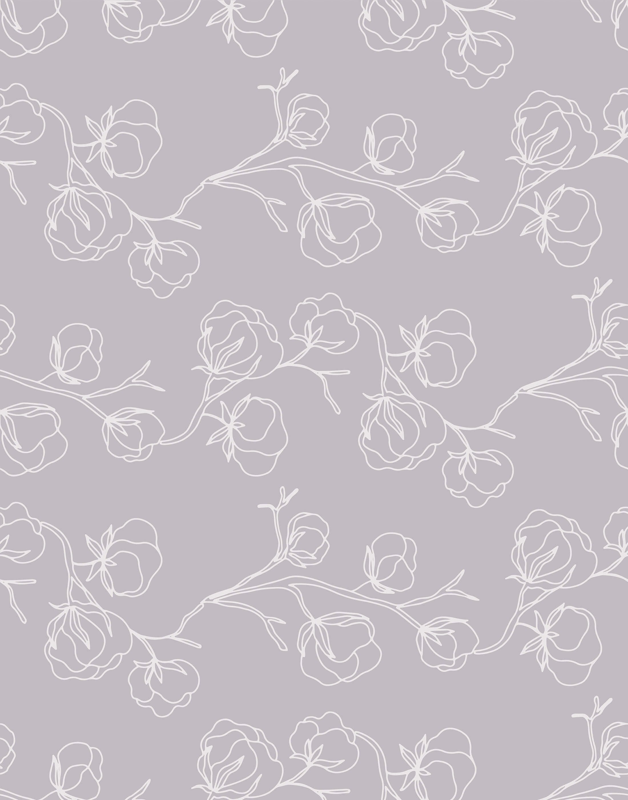 Delicate white line-art floral wallpaper pattern on a soft gray background from ramble collection