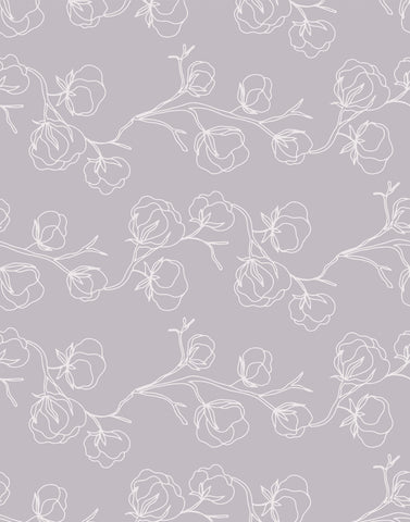 Delicate white line-art floral wallpaper pattern on a soft gray background from ramble collection