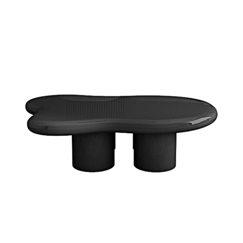 Black glossy ramy coffee table with smooth organic shape and two cylindrical legs for living room use