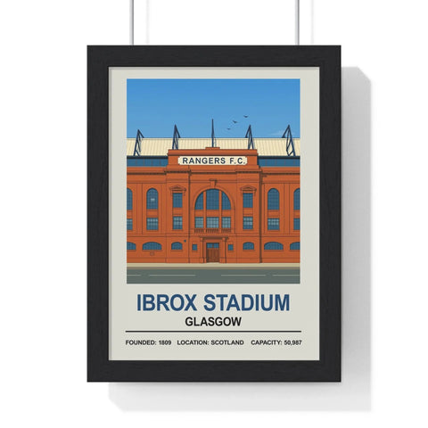 Black-framed stadium print featuring a stylized orange rangers ibrox stadium with blue accents and white text