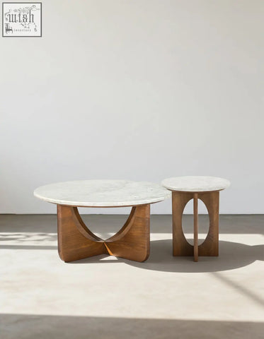 Minimalist oval coffee table with white marble top and sculpted walnut base for stylish living room shipping cost varies