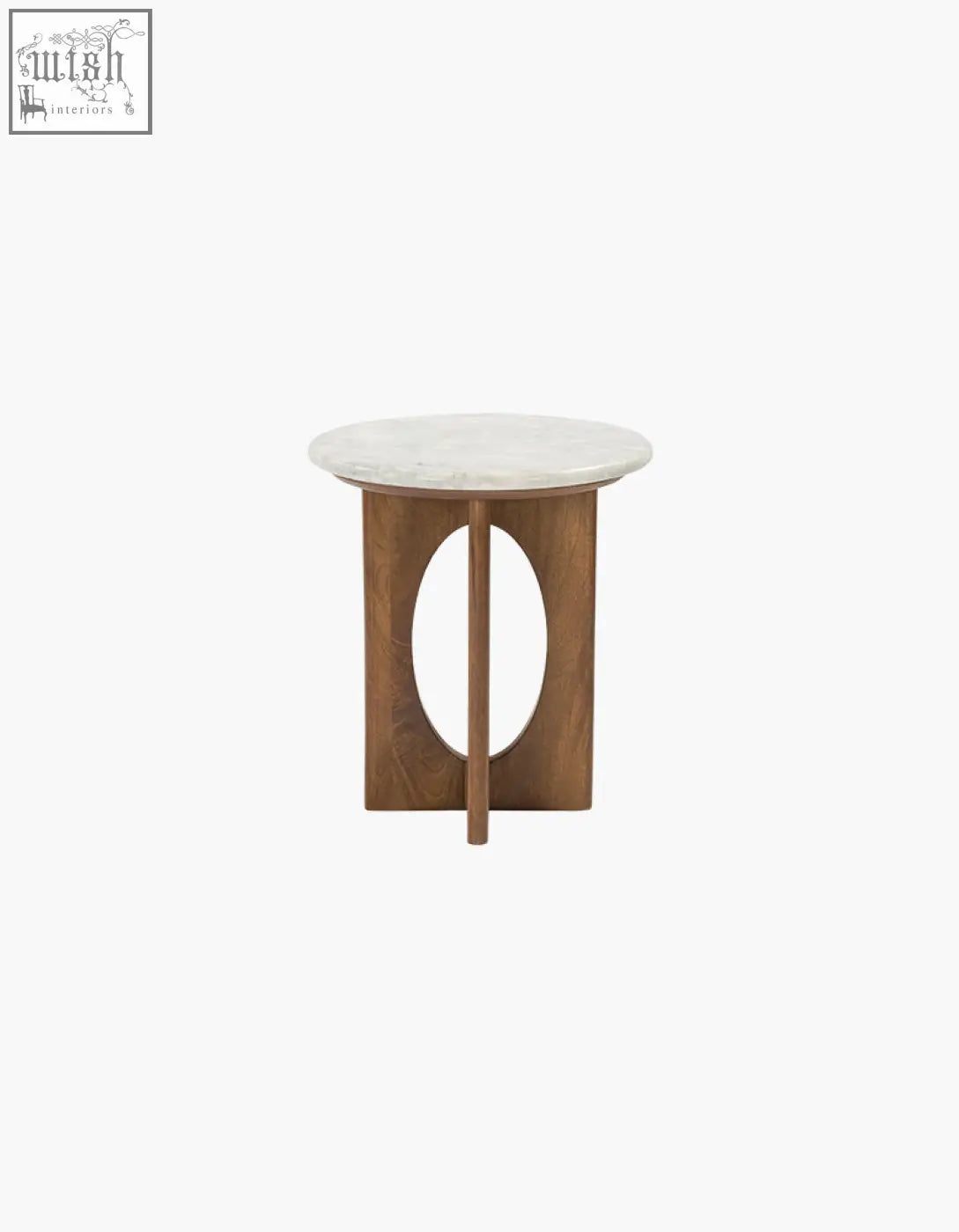 Minimalist coffee table with smooth light marble top and warm wood base featuring oval cutout perfect for living room and low shipping cost