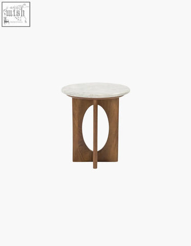 Minimalist coffee table with smooth light marble top and warm wood base featuring oval cutout perfect for living room and low shipping cost
