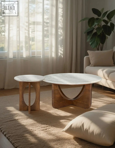 Modern minimalist coffee table with white marble top and sculpted wooden base perfect for living room shipping cost info