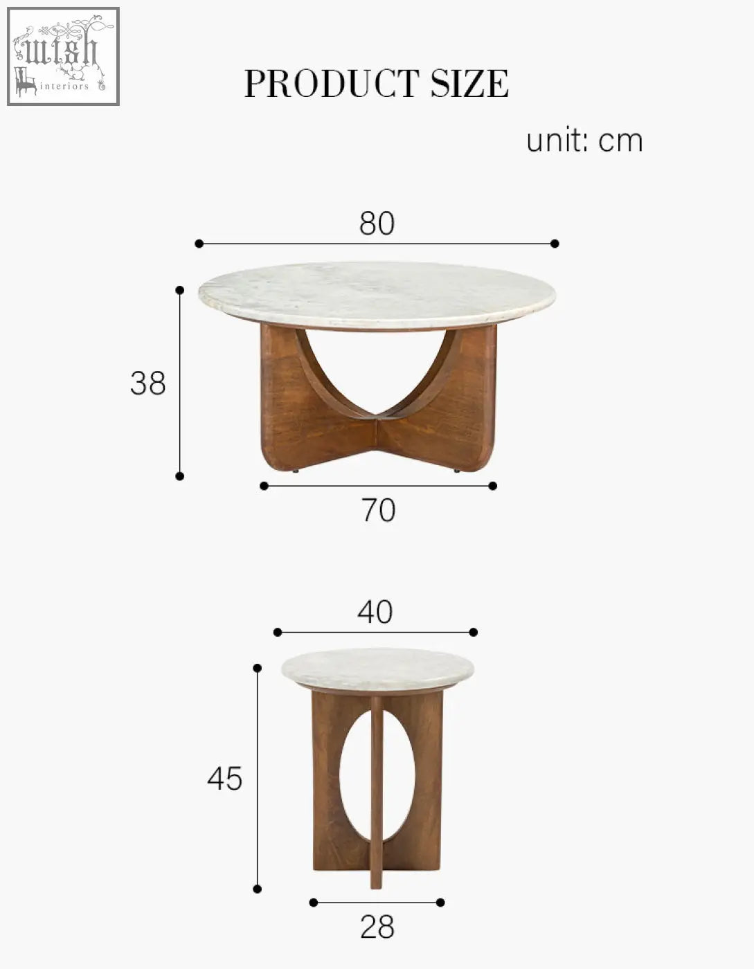 A modern rangjit round nesting coffee table set with white marble top and curved wooden base for living room use