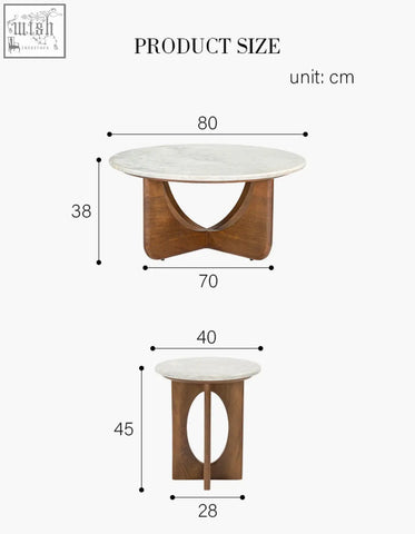 A modern rangjit round nesting coffee table set with white marble top and curved wooden base for living room use