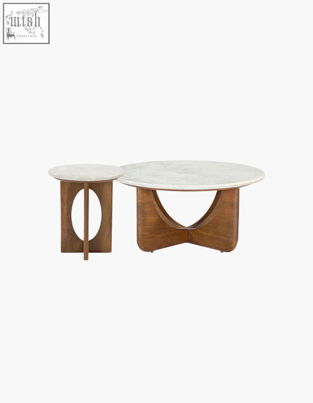 A pair of minimalist round nesting coffee tables with white marble tops and warm wood bases ideal for living room use