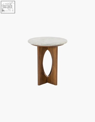 A sleek ranjit round nesting coffee table set with white marble top and brown wood base for your living room