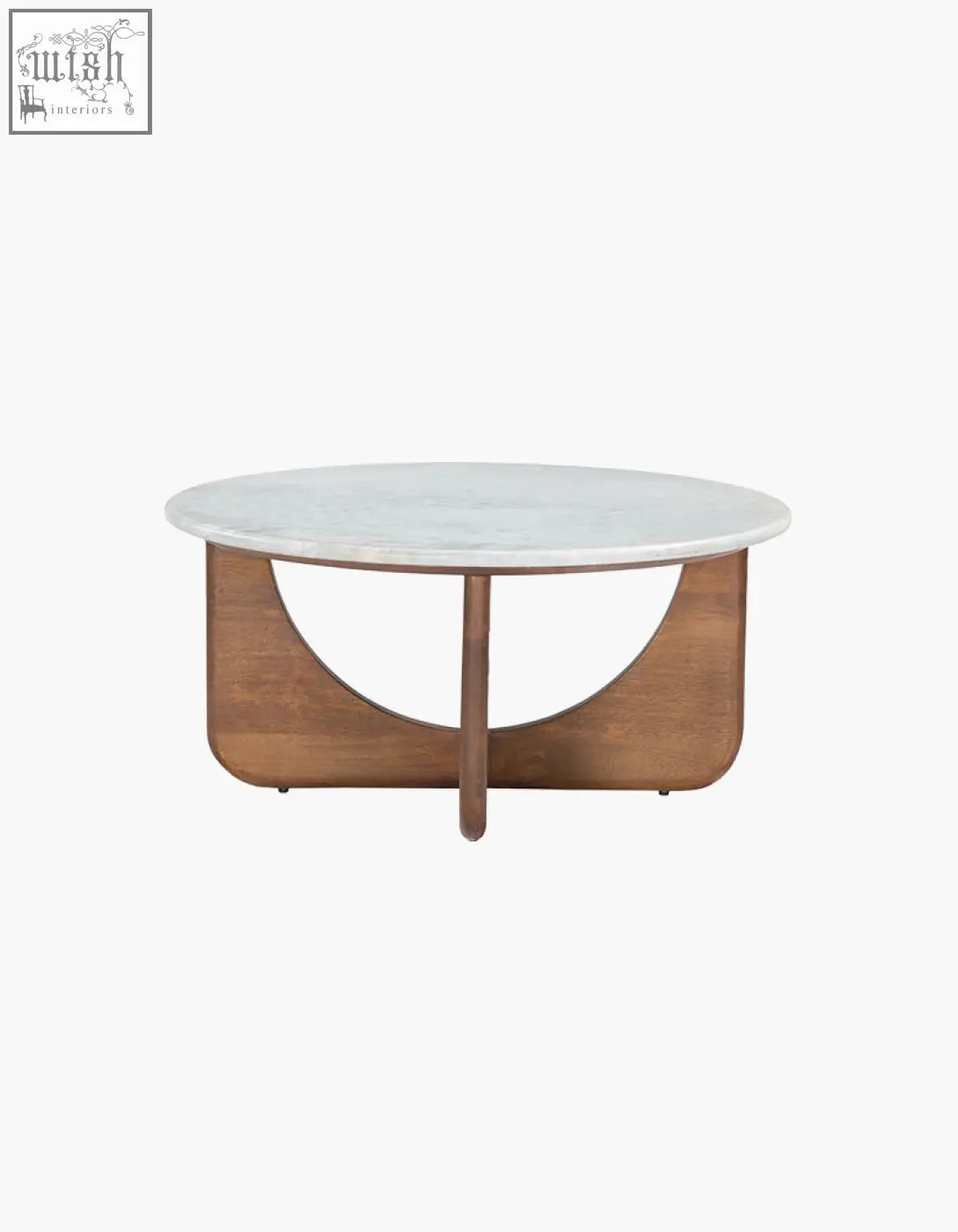 Round coffee table with white marble top and warm wood base featuring curved open design for living room shipping cost info
