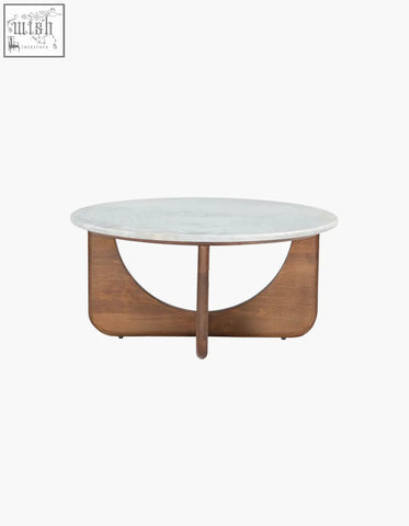 Round coffee table with white marble top and warm wood base featuring curved open design for living room shipping cost info