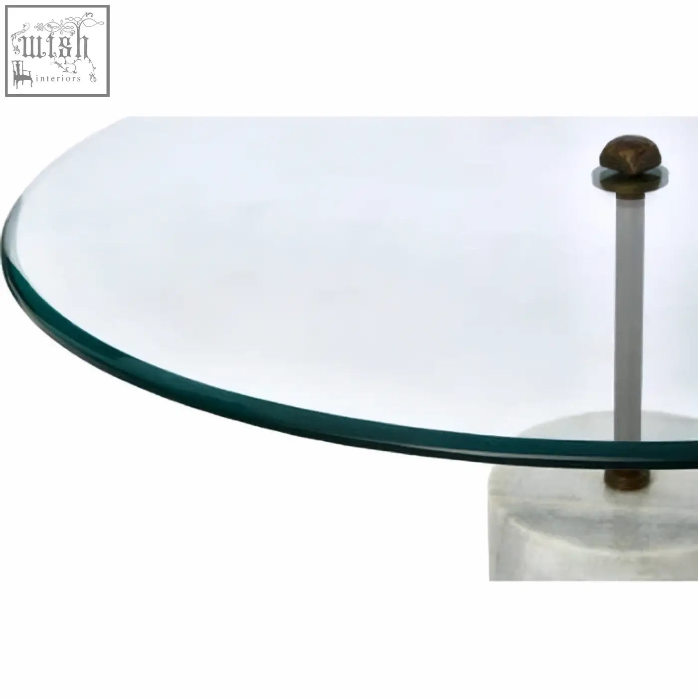 Rany glass and white marble side table with clear glass top, polished metallic support, and white marble base