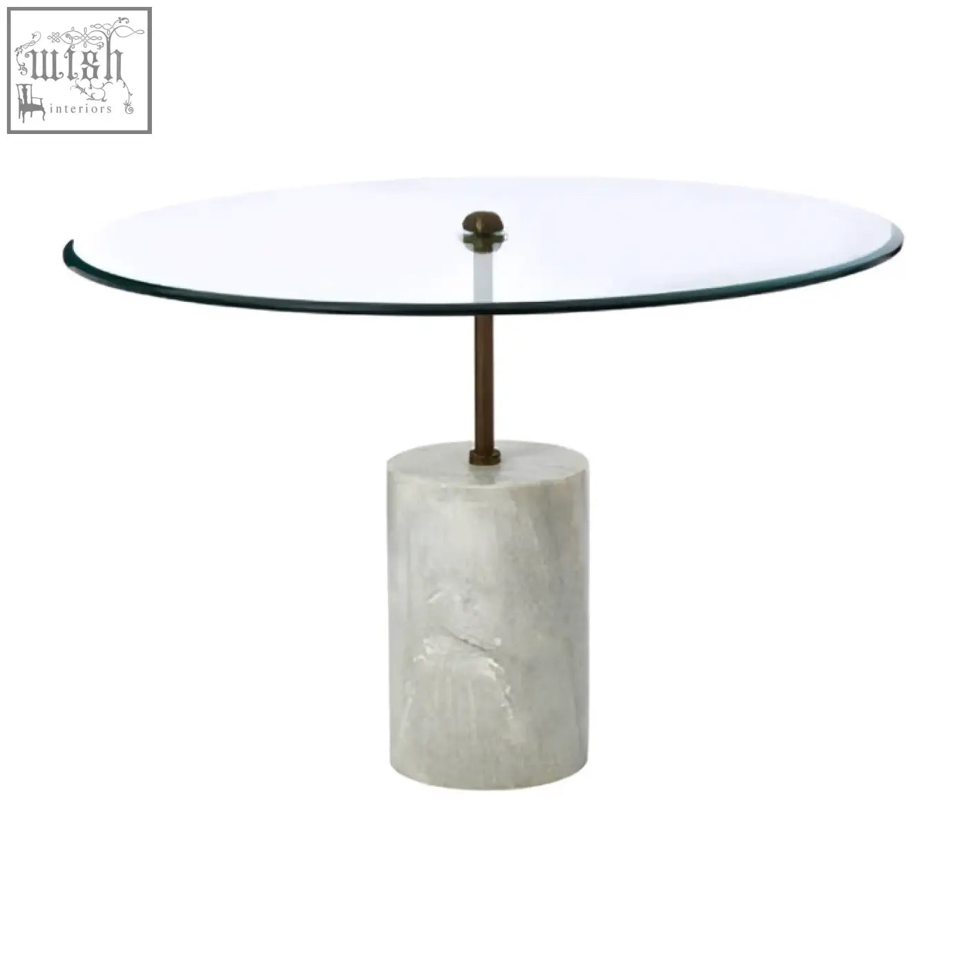 Rany glass and white marble side table with a round glass top, white marble base, and antique brass column
