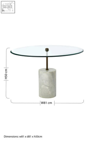 Rany glass and white marble side table with round glass top, white marble base, and antique brass column