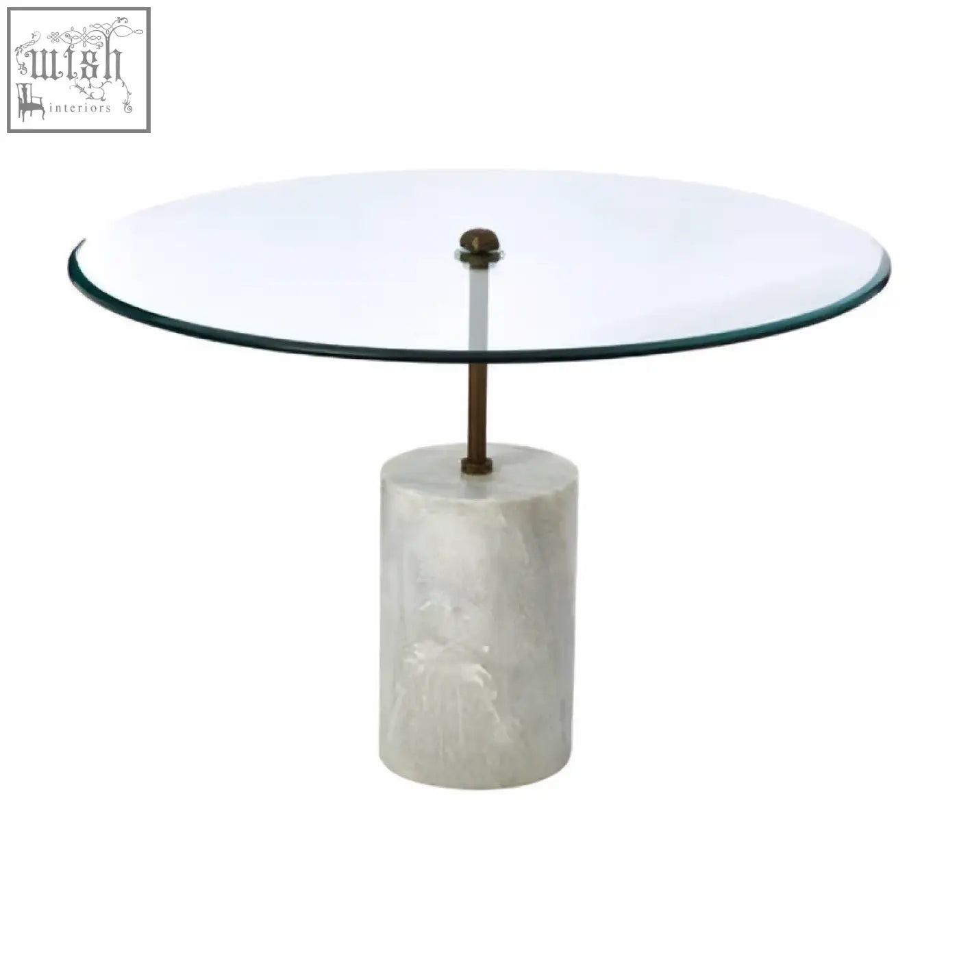 Rany glass and white marble side table with sleek round glass top, polished white marble base, and antique brass support column