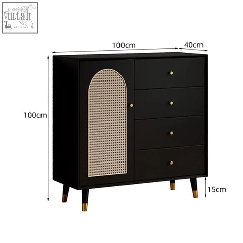Black mid-century modern raphael rattan sideboard with dark brown cane-paneled arched door and gold knobs