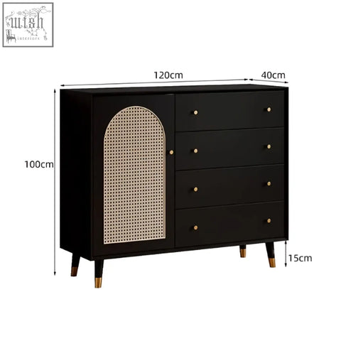 Black raphael rattan sideboard with dark brown cane-paneled arched door and gold-tone hardware in mid-century style