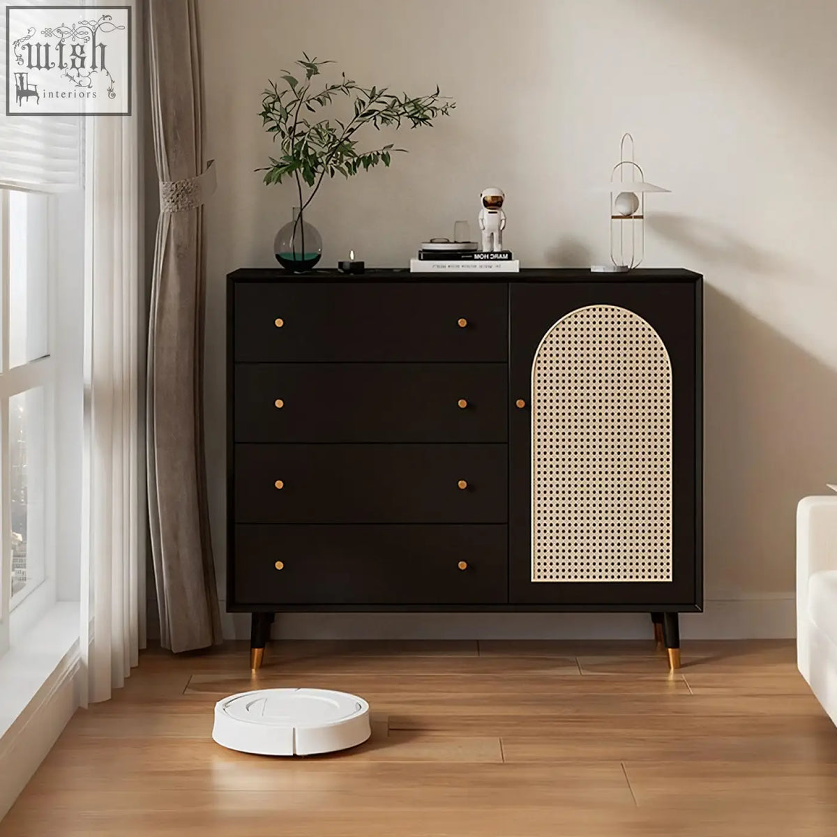 Black mid-century modern raphael rattan sideboard with dark brown woven cane panel and gold-tone knobs on tapered legs