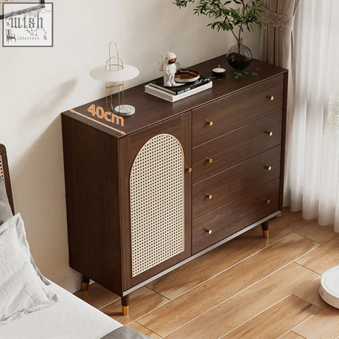 Dark brown raphael rattan sideboard with woven cane panel and gold-tone handles for stylish storage