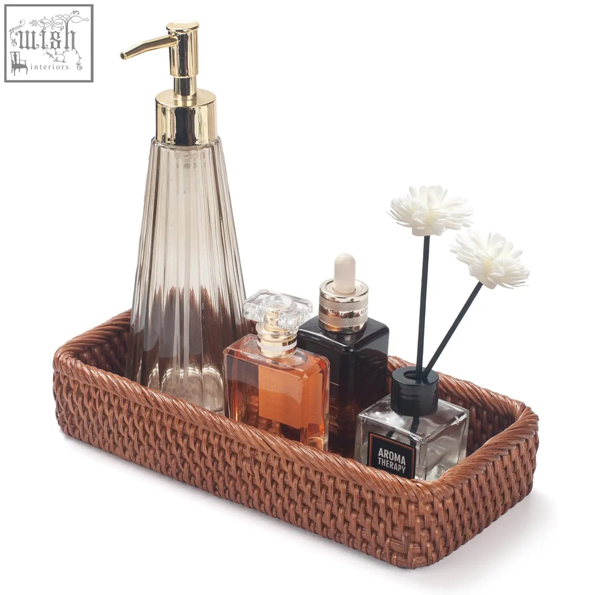 Brown woven rattan bathroom vanity tray holding bathroom essentials for toilet tank and hand towel storage