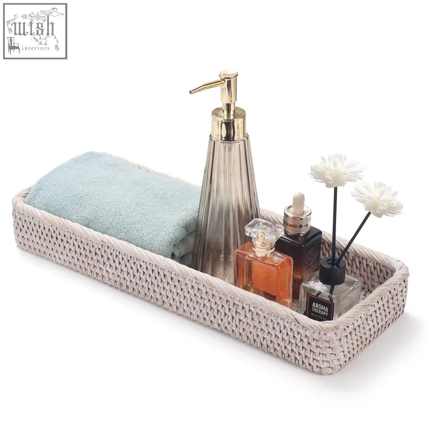 Beige woven rattan bathroom vanity tray with light blue towel and soap dispenser perfect for toilet tank storage