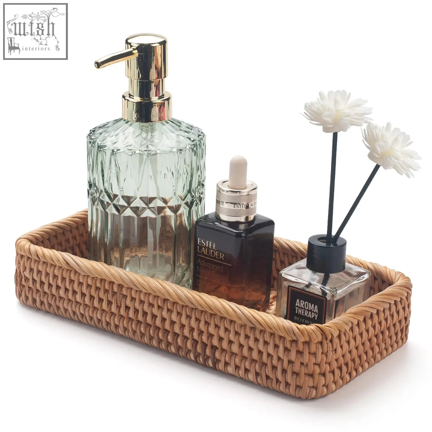 Beige woven rattan bathroom vanity tray holding essentials perfect as a toilet tank storage basket narrow design