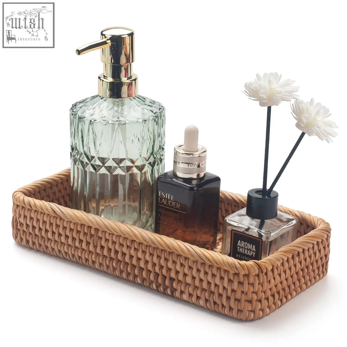 Beige woven rattan bathroom vanity tray holding essentials perfect as a toilet tank storage basket narrow design