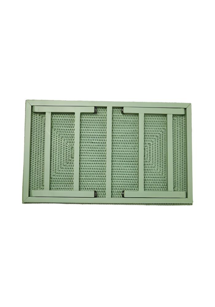 Green rattan breakfast tray with rectangular mesh filter grid pattern and reinforced frame for sturdy use