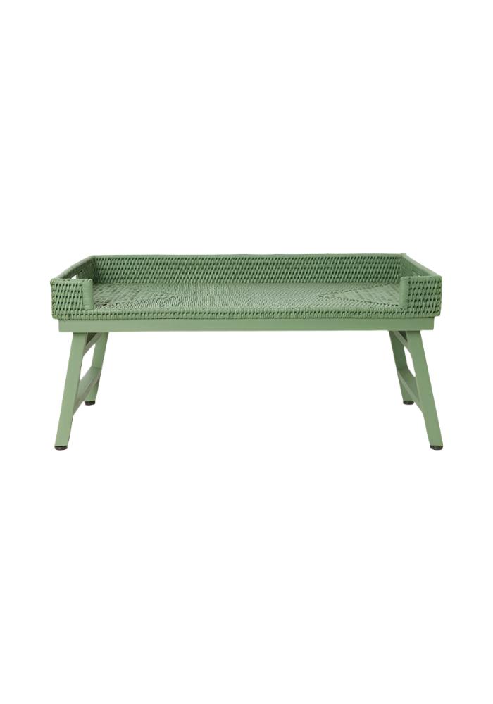 Green rattan breakfast tray with woven rectangular surface and four angled legs perfect for breakfast tray use