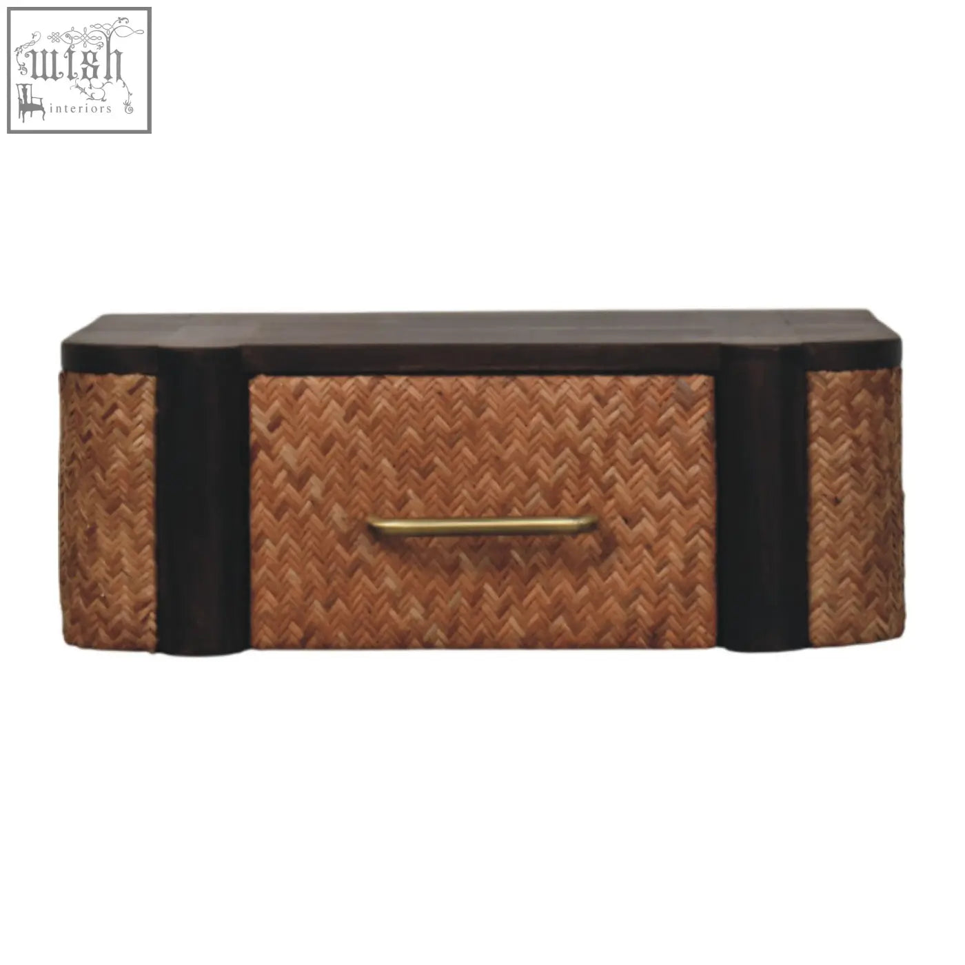 Brown woven rattan curve wall-mounted drawer bedside table with dark finish black wooden sides and brass handle