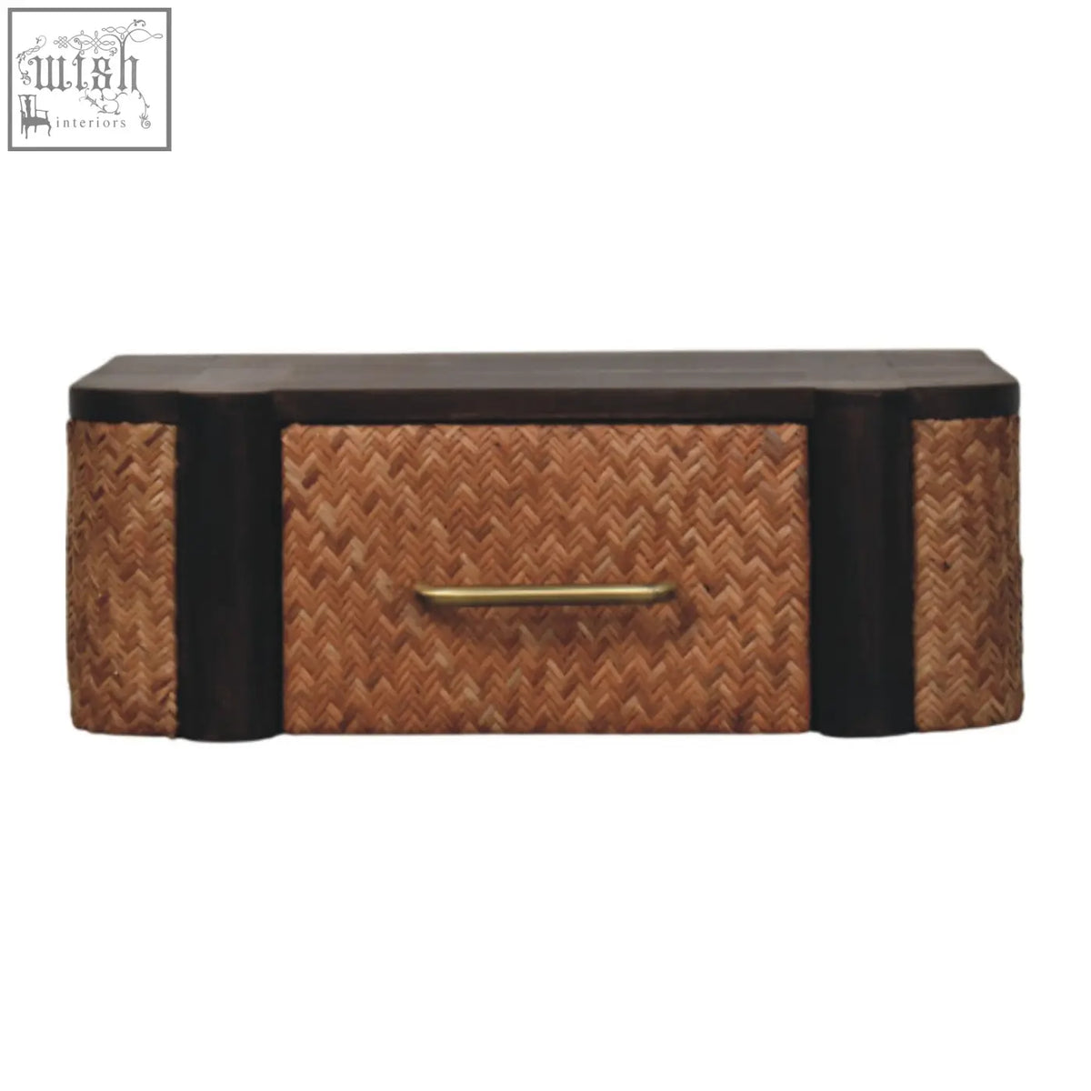 Brown woven rattan curve wall-mounted drawer bedside table with dark finish black wooden sides and brass handle