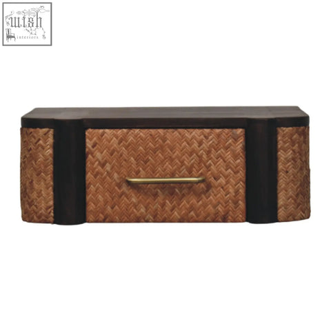Brown woven rattan curve wall-mounted drawer bedside table with dark finish black wooden sides and brass handle