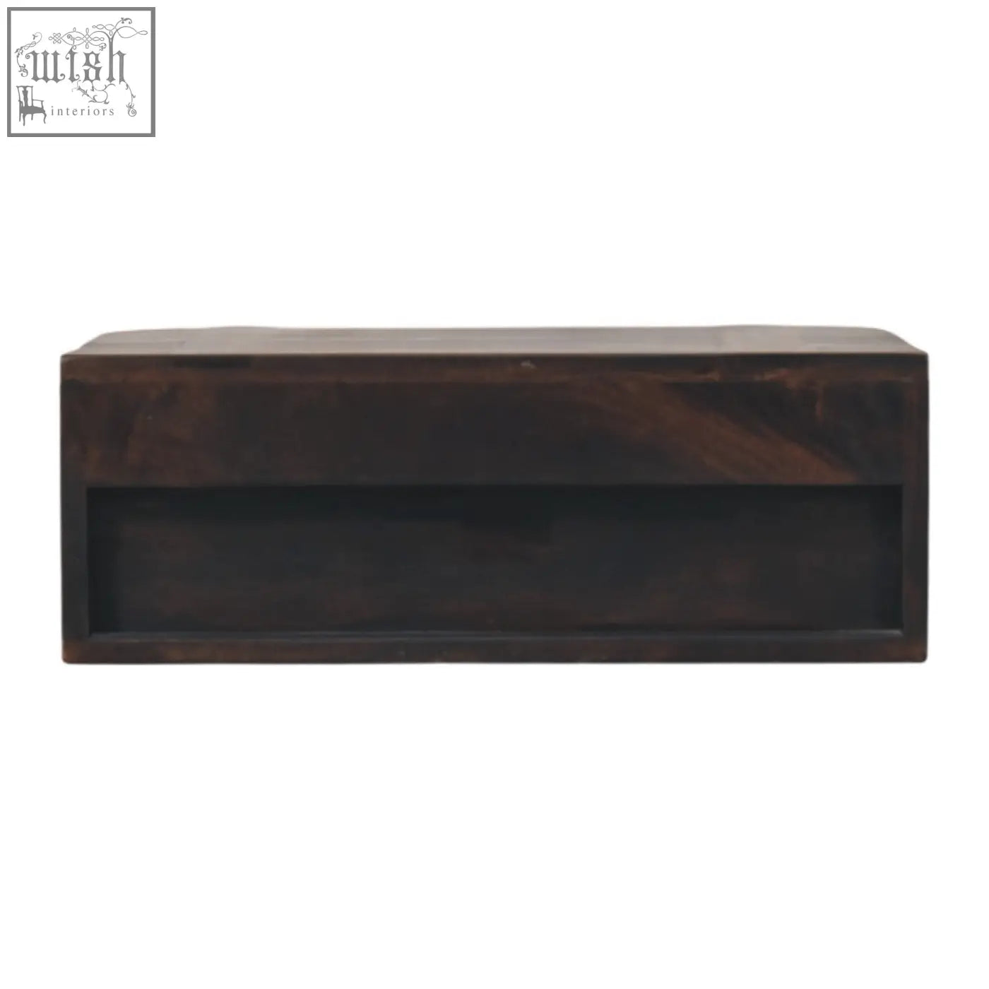 Dark brown wooden rattan curve wall-mounted drawer bedside table with recessed front panel and dark finish