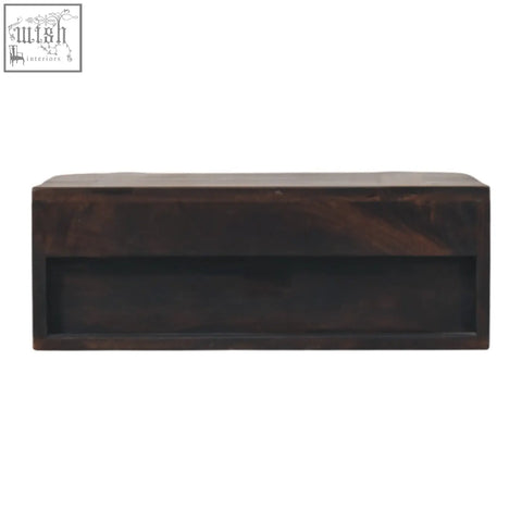 Dark brown wooden rattan curve wall-mounted drawer bedside table with recessed front panel and dark finish