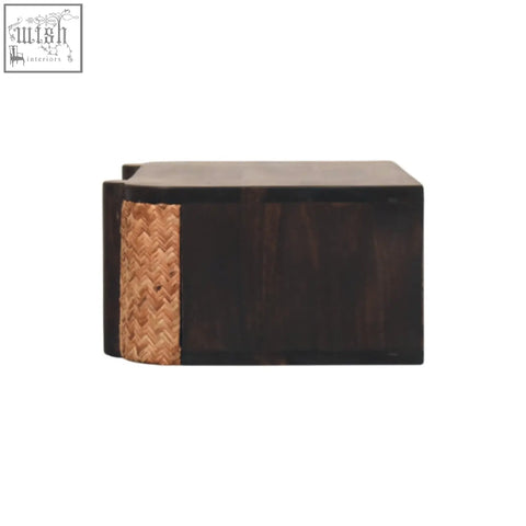 Dark finish rattan curve wall-mounted bedside table with a woven wicker accent panel and drawer for storage