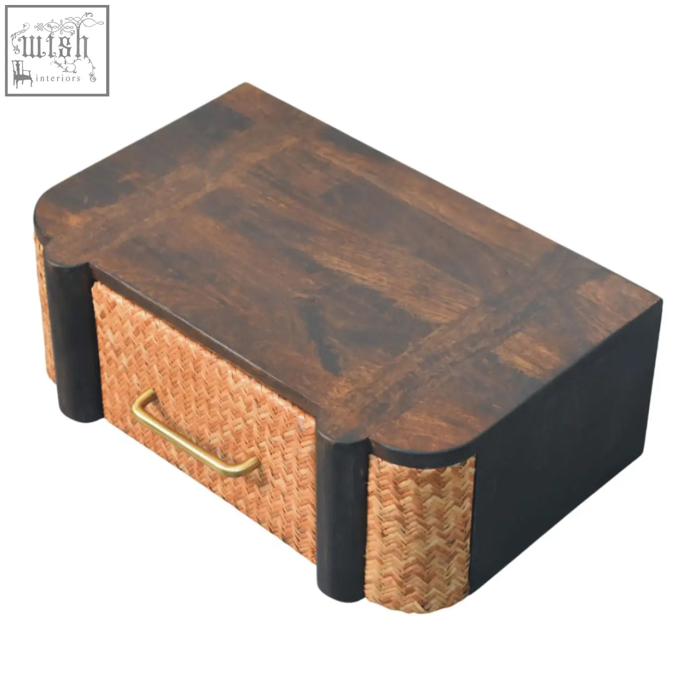 Dark finish rattan curve wall-mounted bedside table with woven rattan drawer and brass handle for stylish storage